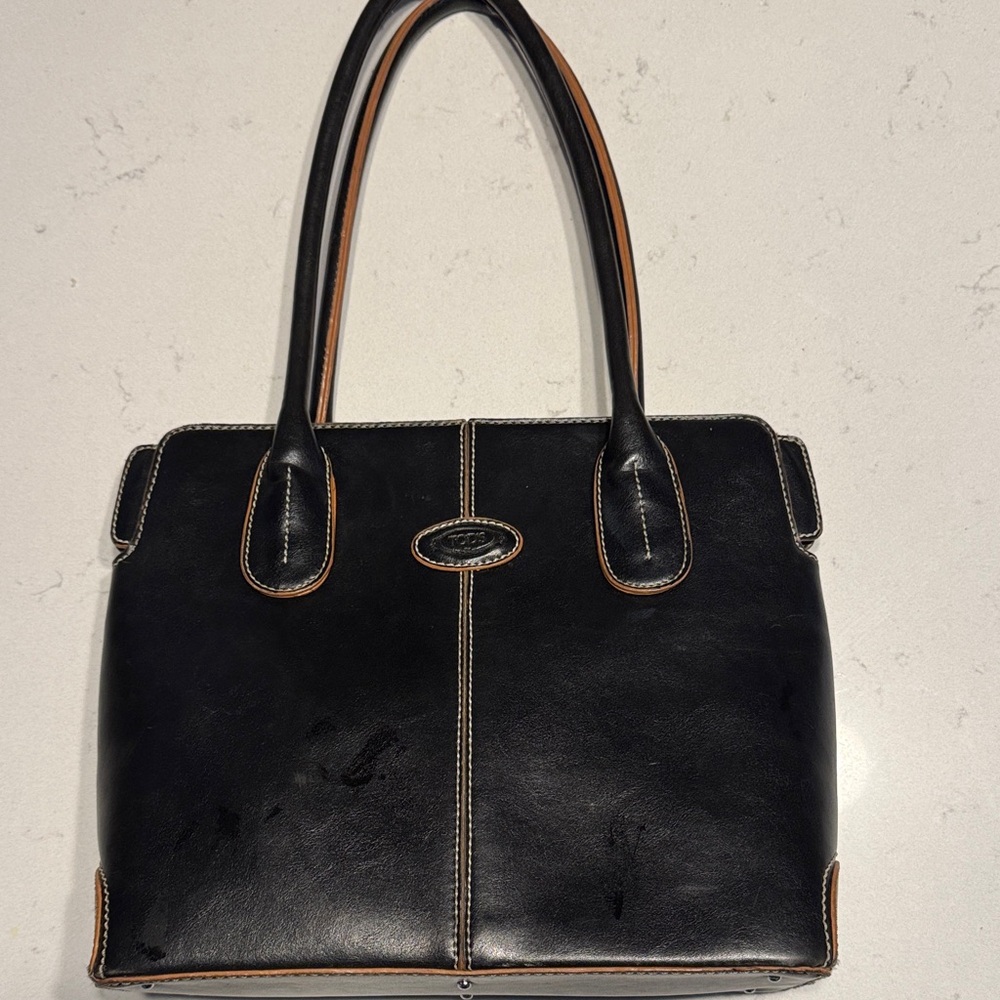 Tod's Black Leather Shoulder Bag with Tan Trim